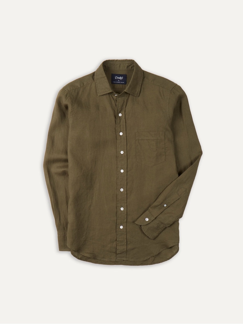 Drake’s Khaki Green Linen Spread Collar Shirt